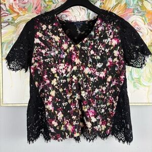 French Connection Floral Top Black Lace Sleeves Size L